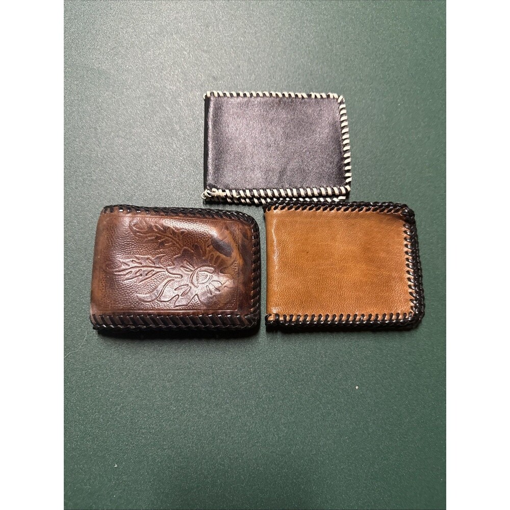 Lot of 3 Vintage Tooled Leather Bifold Wallets Western Lord’s Prayer Stitch